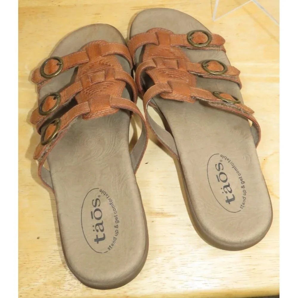 Taos Good Times Slide Sandals Womens Chesnut Brown Leather Triple Strap Size 8